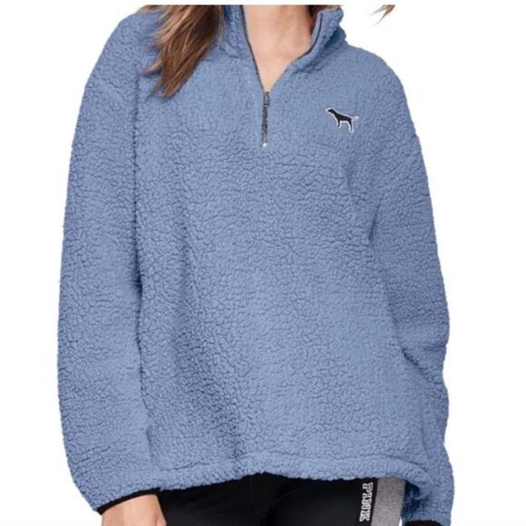 Victoria's Secret PINK VS Sherpa Quarter Zip Pullover Sweatshirt Blue S NEW - Picture 1 of 5